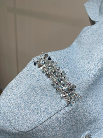 25 Summer new light blue diamond tweed short-sleeved dress