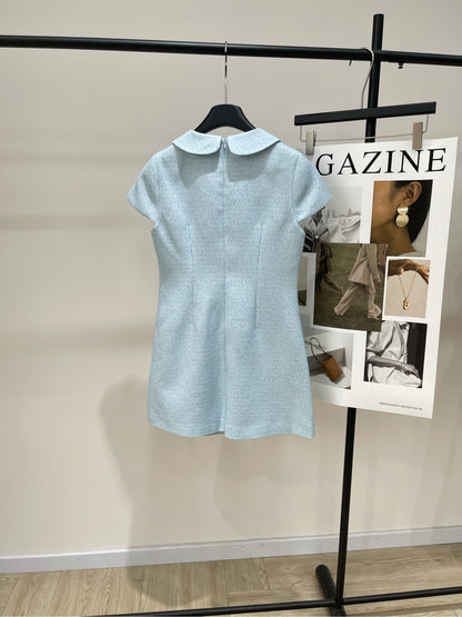 25 Summer new light blue diamond tweed short-sleeved dress