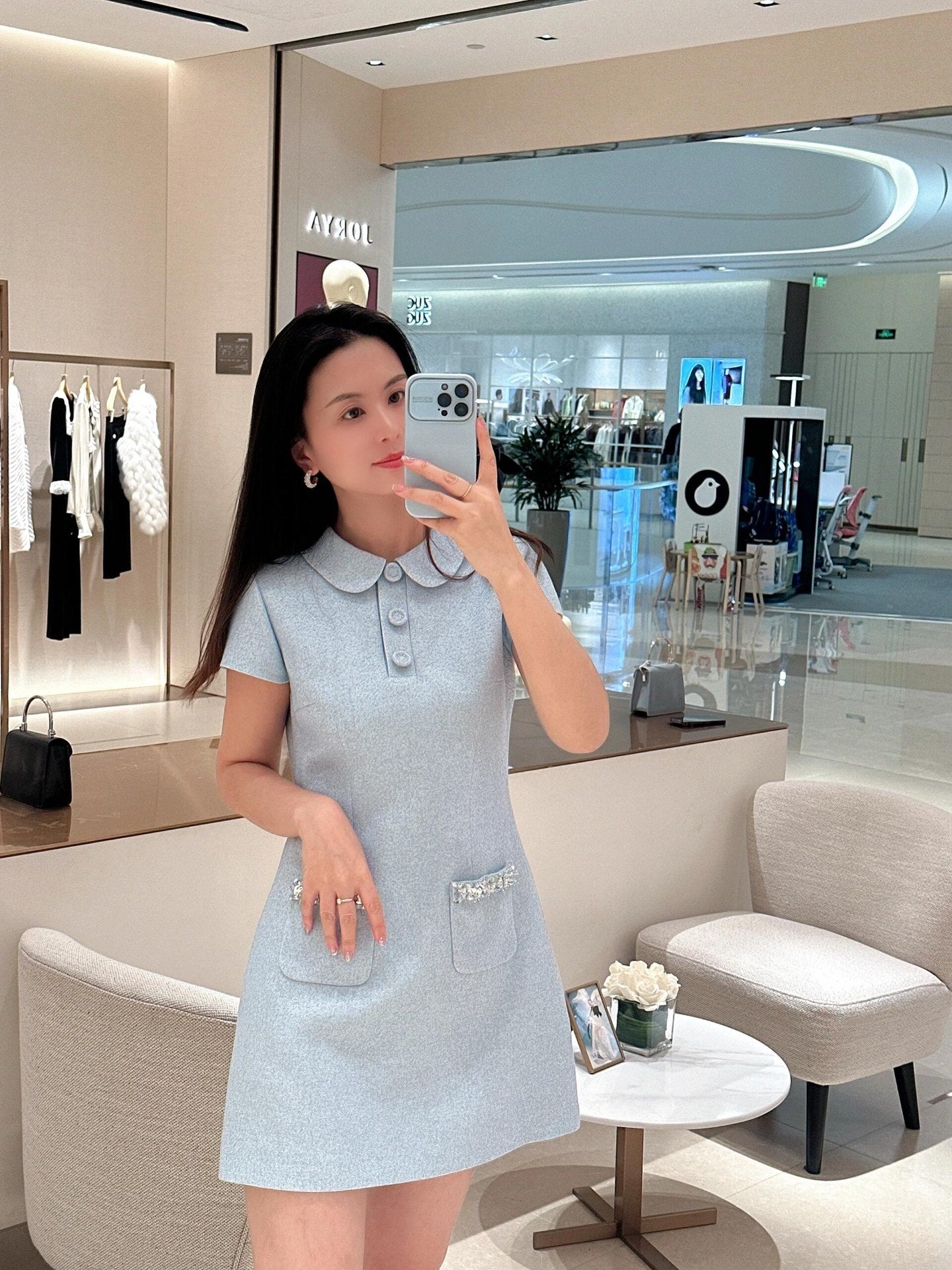 25 Summer new light blue diamond tweed short-sleeved dress