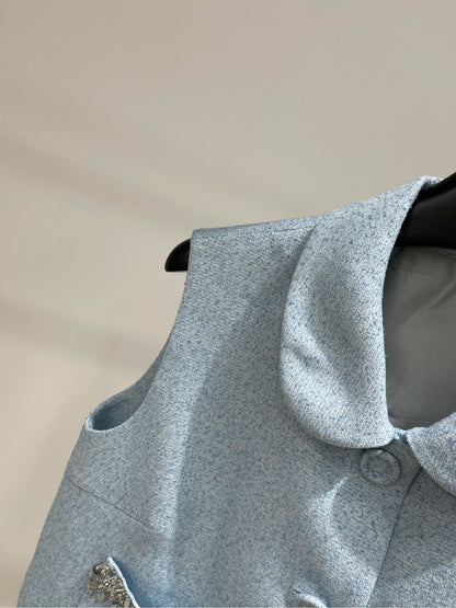 25 Summer new light blue diamond vest + shorts suit