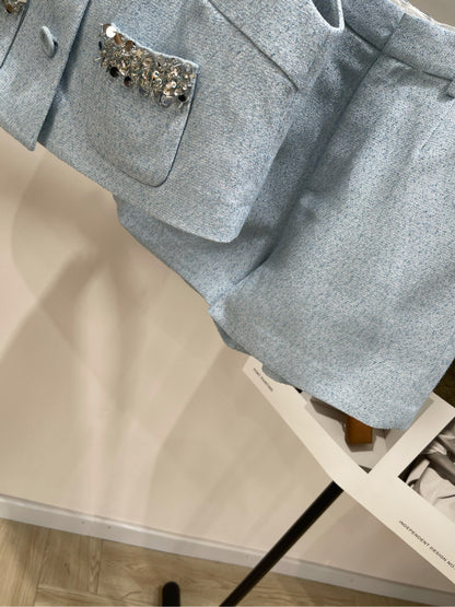 25 Summer new light blue diamond vest + shorts suit