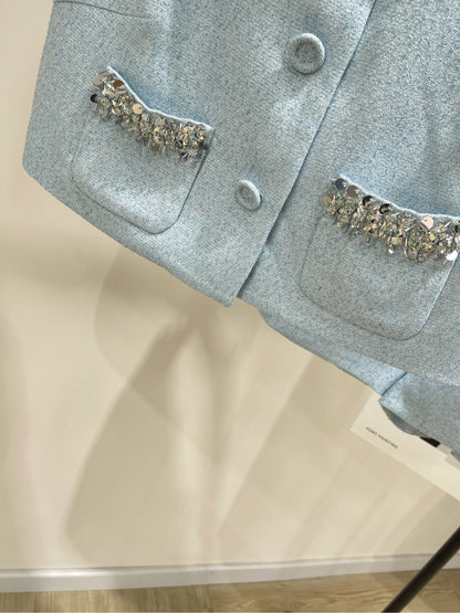 25 Summer new light blue diamond vest + shorts suit