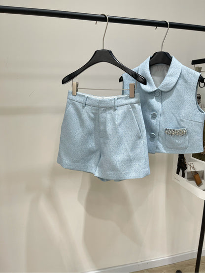 25 Summer new light blue diamond vest + shorts suit