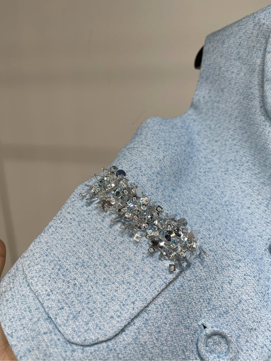 25 Summer new light blue diamond vest + shorts suit