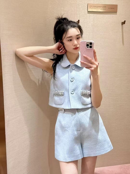 25 Summer new light blue diamond vest + shorts suit