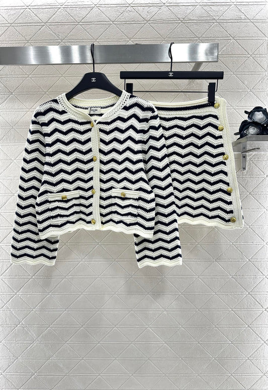 2025 Autumn New Striped Knitted Cardigan Short Skirt Set
