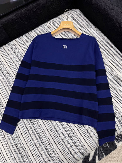 25 Autumn New Square Neck Embroidered Striped Long Sleeve T-shirt