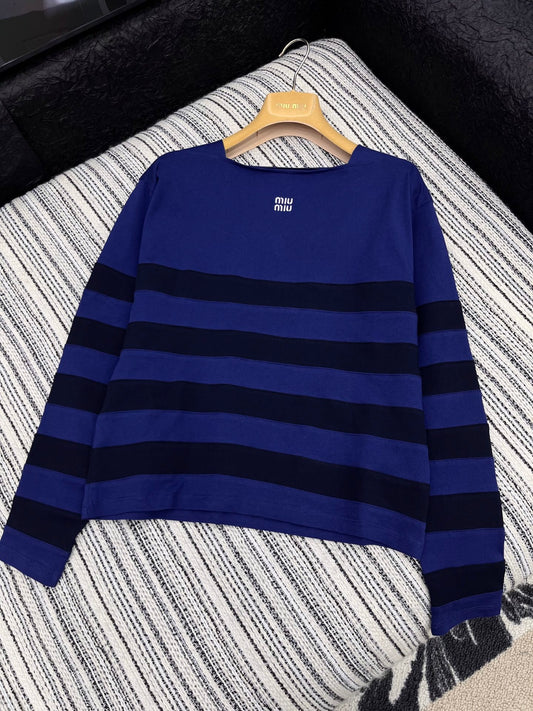 25 Autumn New Square Neck Embroidered Striped Long Sleeve T-shirt