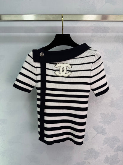 2025 Early Autumn New Ribbon Knitted Striped Short Sleeves