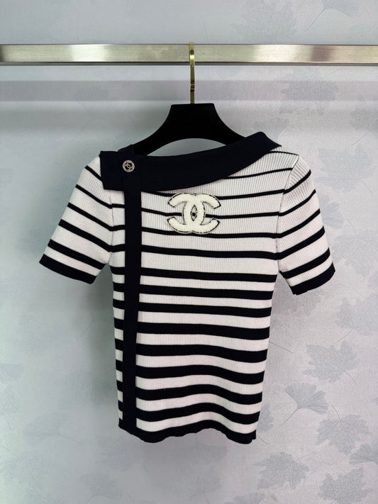 2025 Early Autumn New Ribbon Knitted Striped Short Sleeves