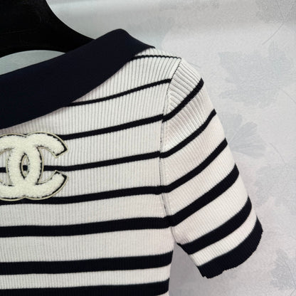 2025 Early Autumn New Ribbon Knitted Striped Short Sleeves