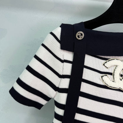 2025 Early Autumn New Ribbon Knitted Striped Short Sleeves