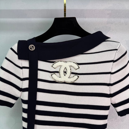 2025 Early Autumn New Ribbon Knitted Striped Short Sleeves