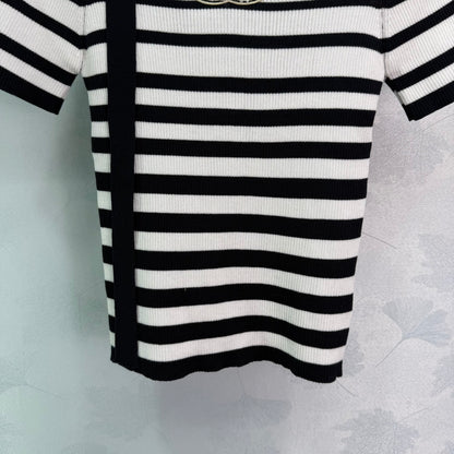 2025 Early Autumn New Ribbon Knitted Striped Short Sleeves
