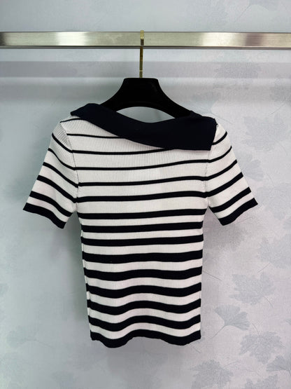 2025 Early Autumn New Ribbon Knitted Striped Short Sleeves