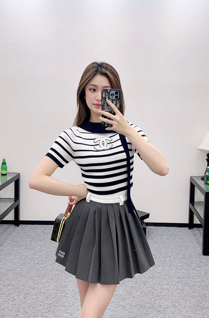 2025 Early Autumn New Ribbon Knitted Striped Short Sleeves