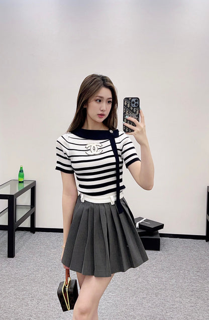 2025 Early Autumn New Ribbon Knitted Striped Short Sleeves
