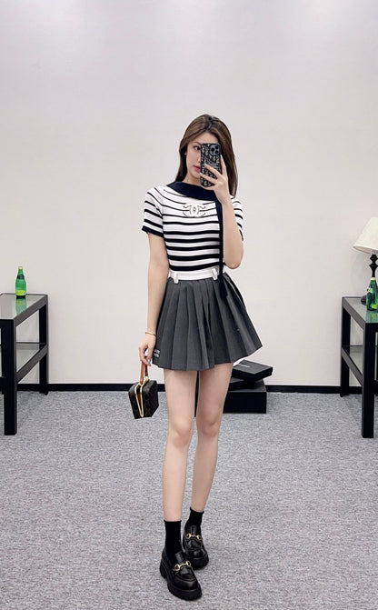 2025 Early Autumn New Ribbon Knitted Striped Short Sleeves