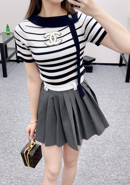 2025 Early Autumn New Ribbon Knitted Striped Short Sleeves