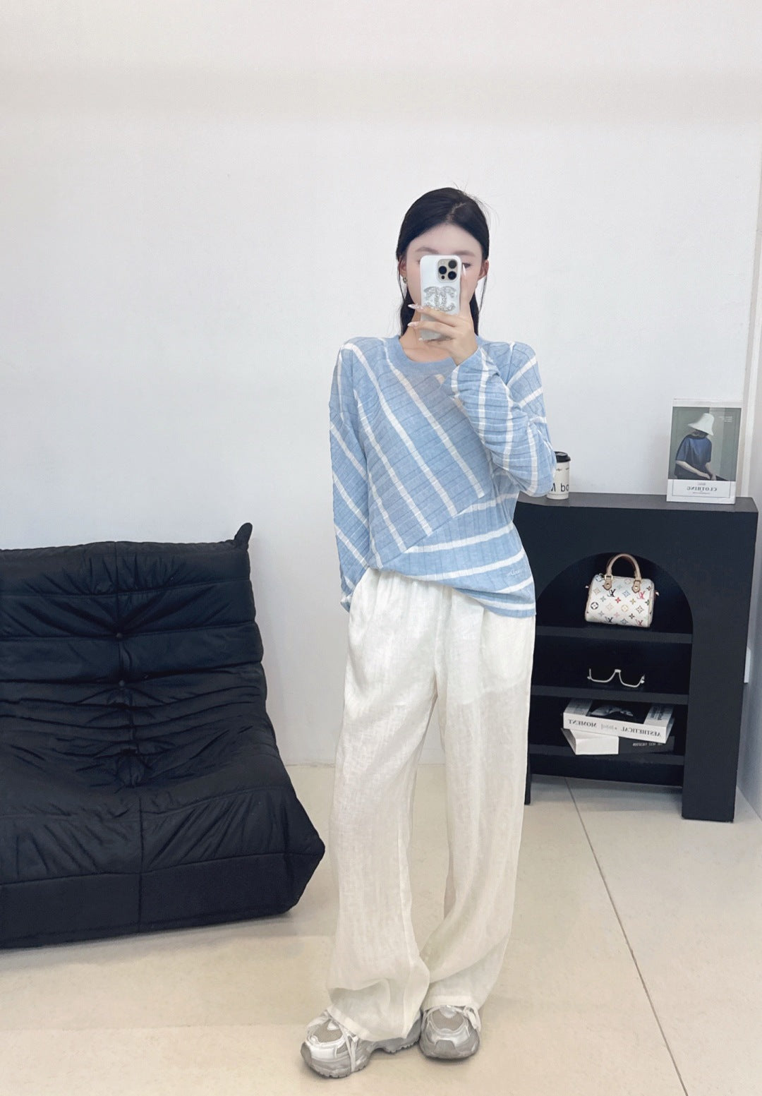 2025 Autumn New Fake two-piece patchwork diagonal striped knitted long sleeves