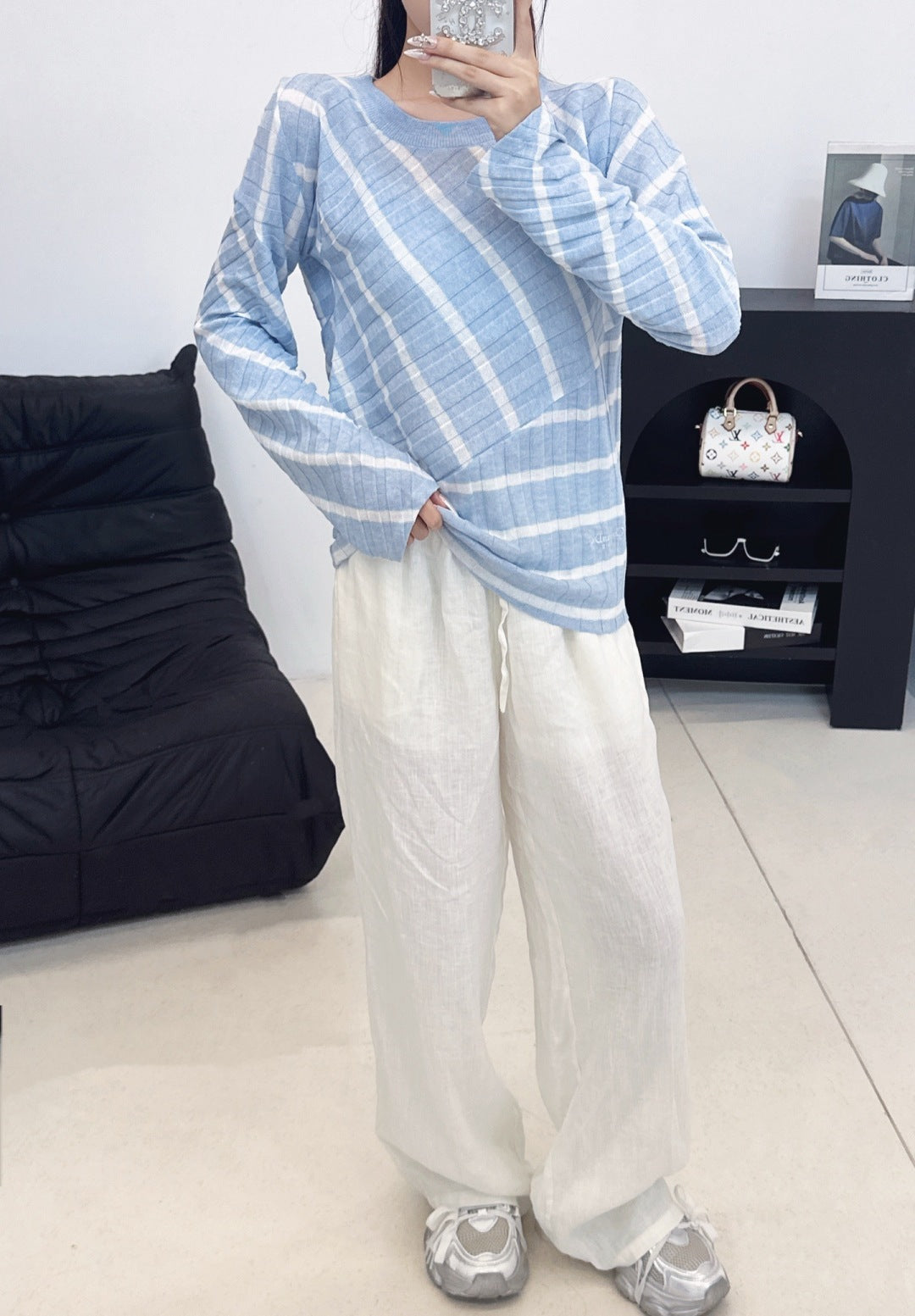 2025 Autumn New Fake two-piece patchwork diagonal striped knitted long sleeves