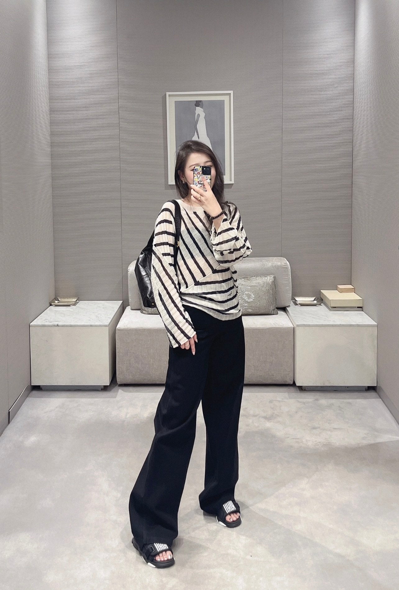D 25 Early Autumn New Style Fake Two-piece Splicing Diagonal Stripe Knitted Long Sleeves