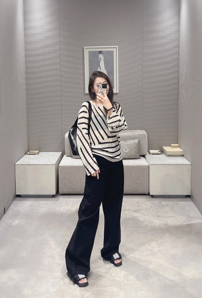D 25 Early Autumn New Style Fake Two-piece Splicing Diagonal Stripe Knitted Long Sleeves