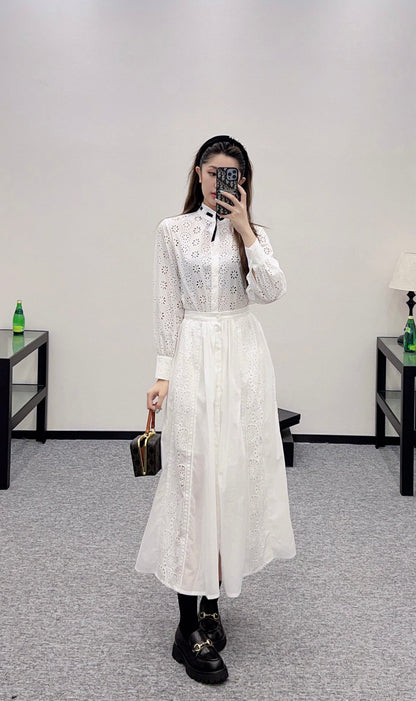 2025 autumn new embroidery hollow midi skirt