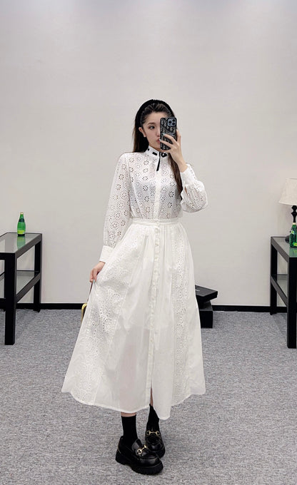 2025 autumn new embroidery hollow midi skirt