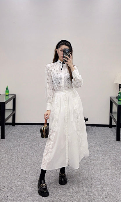 2025 autumn new embroidery hollow midi skirt