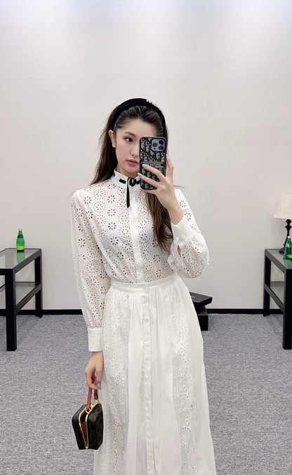 2025 autumn new embroidery hollow midi skirt