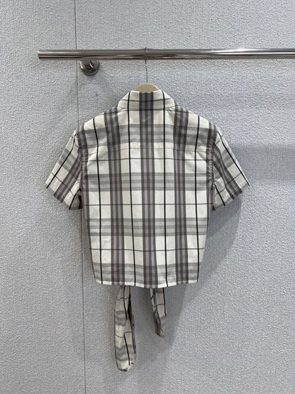 25Ss Spring and Summer New Plaid Lapel Short Sleeve Shirt + Elastic Waist Shorts Set