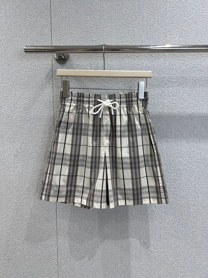 25Ss Spring and Summer New Plaid Lapel Short Sleeve Shirt + Elastic Waist Shorts Set