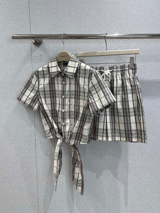 25Ss Spring and Summer New Plaid Lapel Short Sleeve Shirt + Elastic Waist Shorts Set