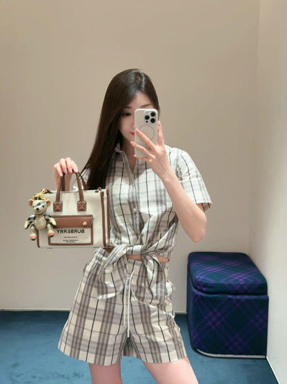 25Ss Spring and Summer New Plaid Lapel Short Sleeve Shirt + Elastic Waist Shorts Set