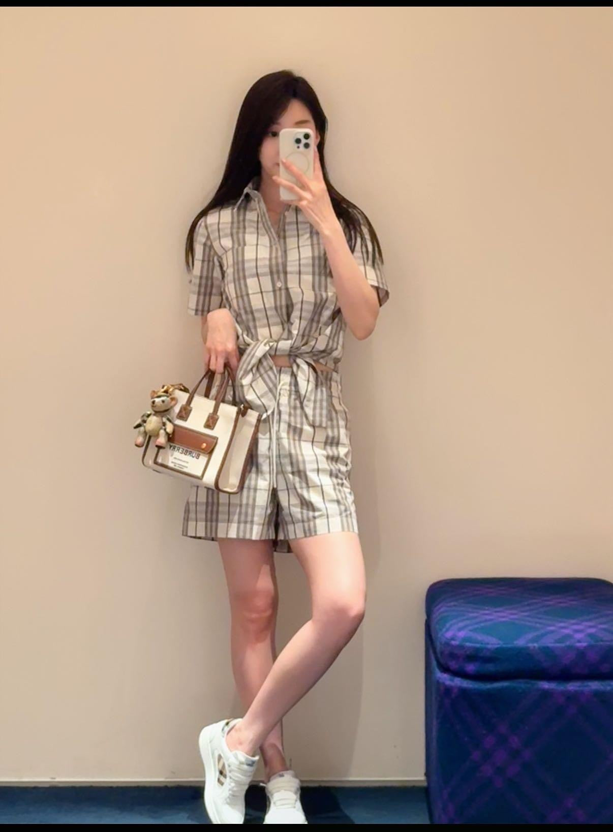 25Ss Spring and Summer New Plaid Lapel Short Sleeve Shirt + Elastic Waist Shorts Set