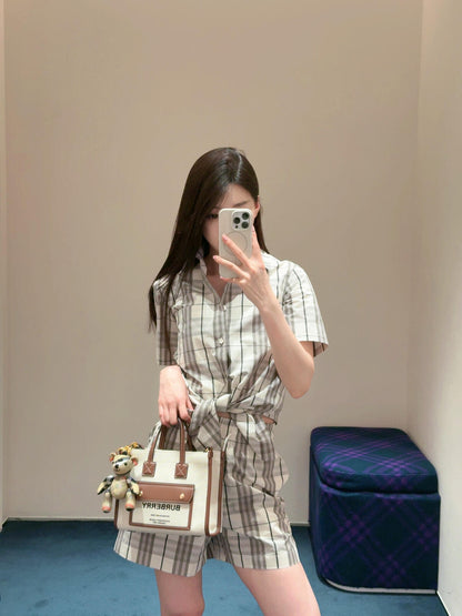 25Ss Spring and Summer New Plaid Lapel Short Sleeve Shirt + Elastic Waist Shorts Set