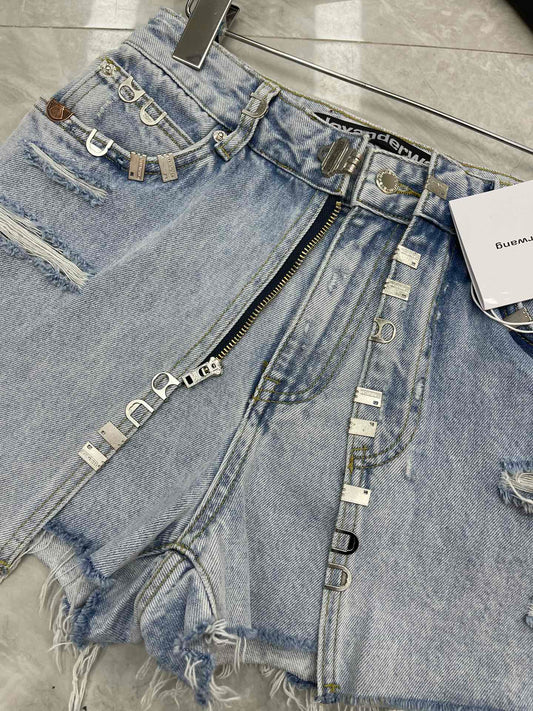 25 Spring and Summer New Metal Decorated Double Denim Culottes