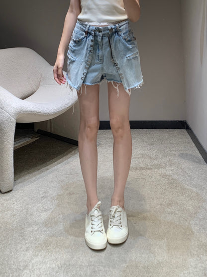 25 Spring and Summer New Metal Decorated Double Denim Culottes