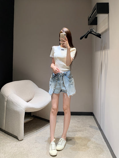 25 Spring and Summer New Metal Decorated Double Denim Culottes