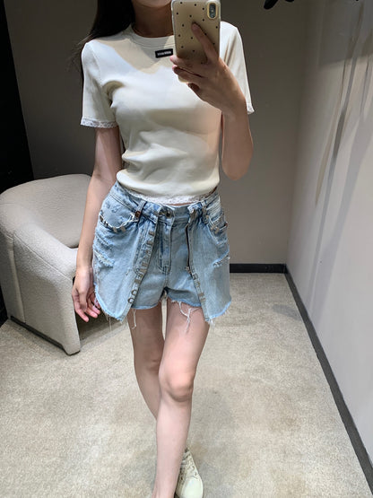 25 Spring and Summer New Metal Decorated Double Denim Culottes