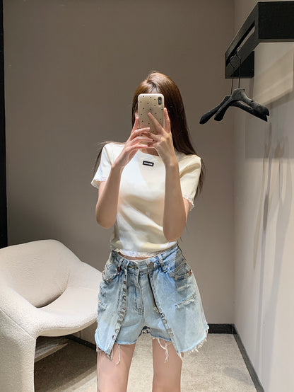 25 Spring and Summer New Metal Decorated Double Denim Culottes