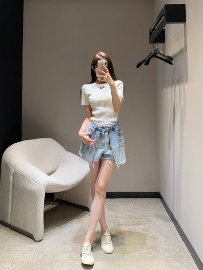 25 Spring and Summer New Metal Decorated Double Denim Culottes