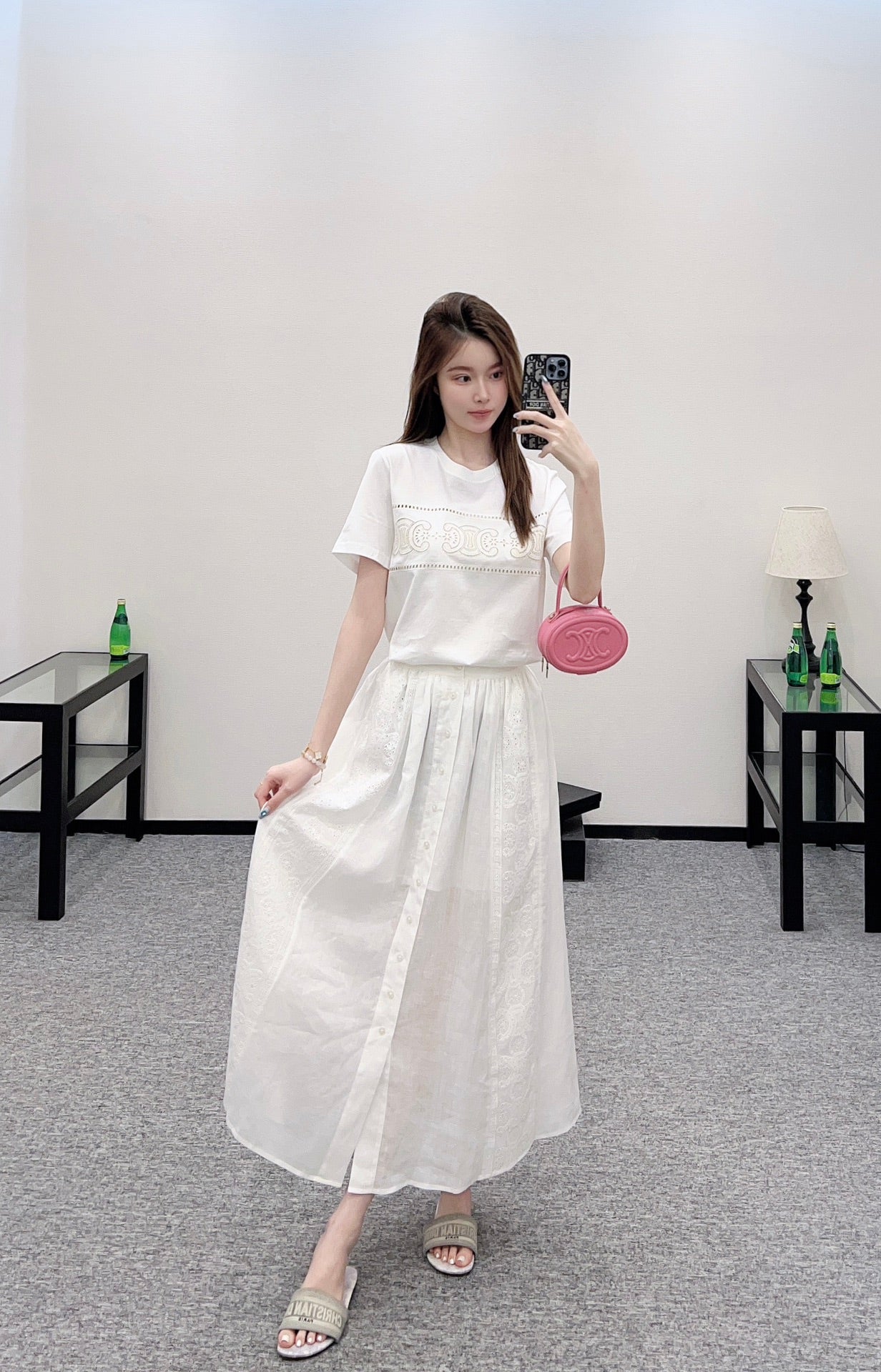 2025 Early Autumn New Embroidered Hollow T-shirt with Midi Skirt
