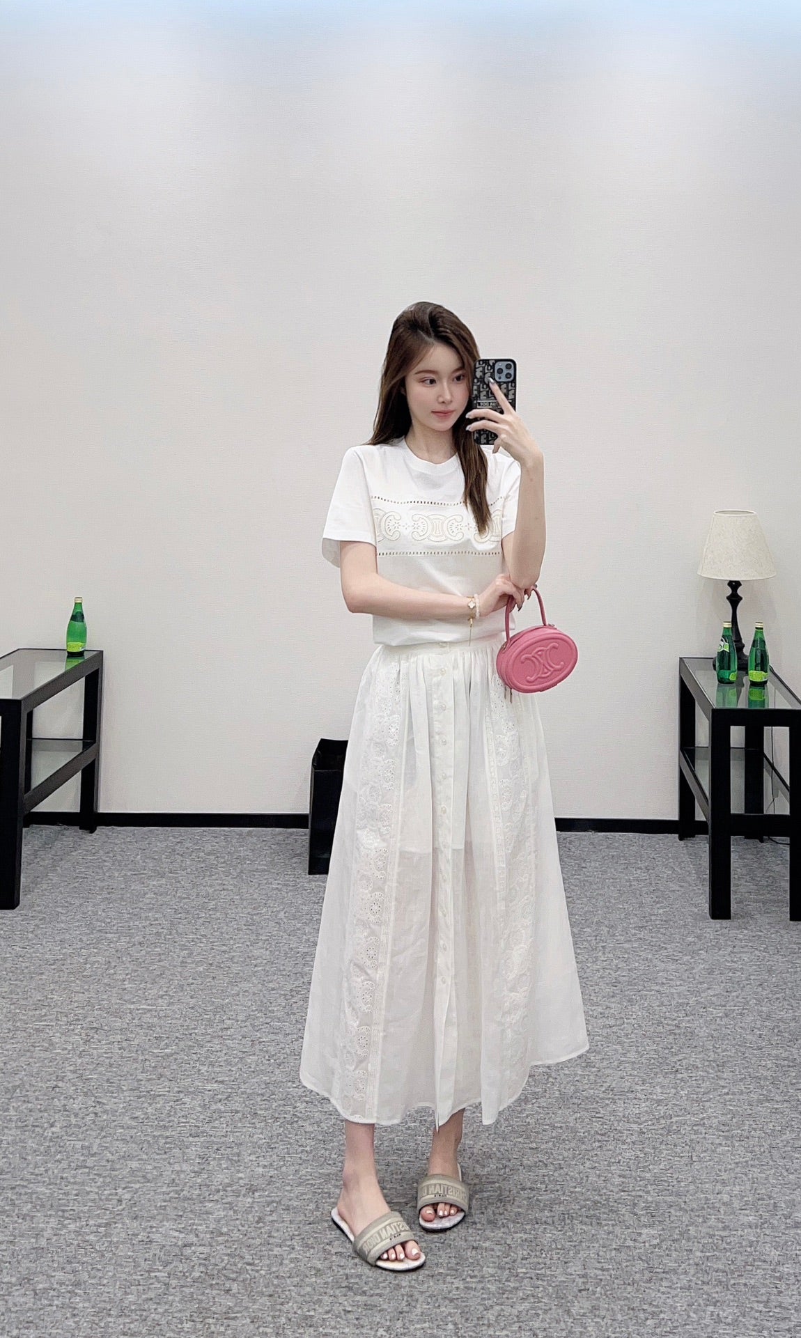 2025 Early Autumn New Embroidered Hollow T-shirt with Midi Skirt