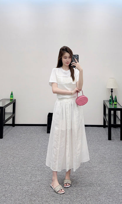 2025 Early Autumn New Embroidered Hollow T-shirt with Midi Skirt
