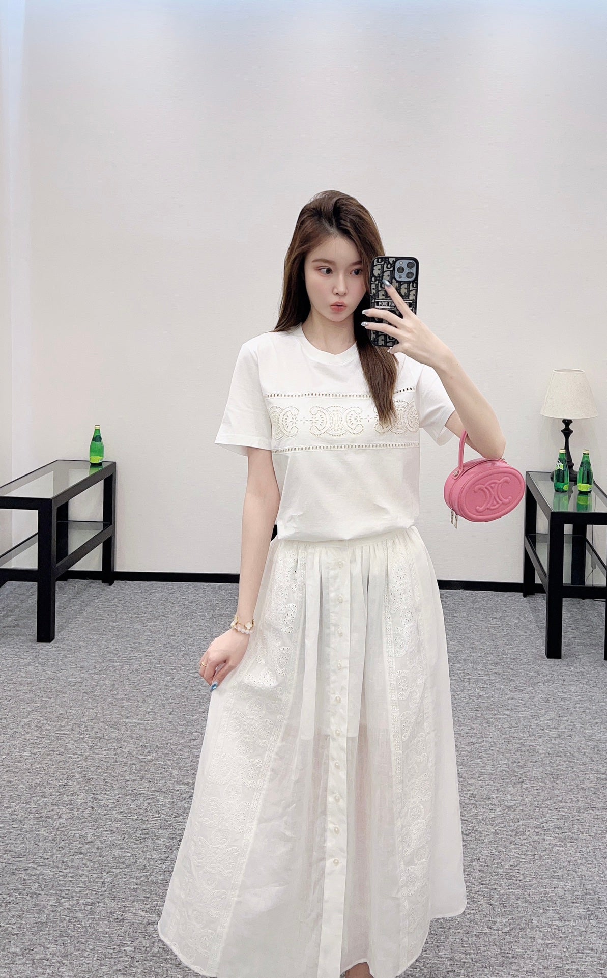 2025 Early Autumn New Embroidered Hollow T-shirt with Midi Skirt