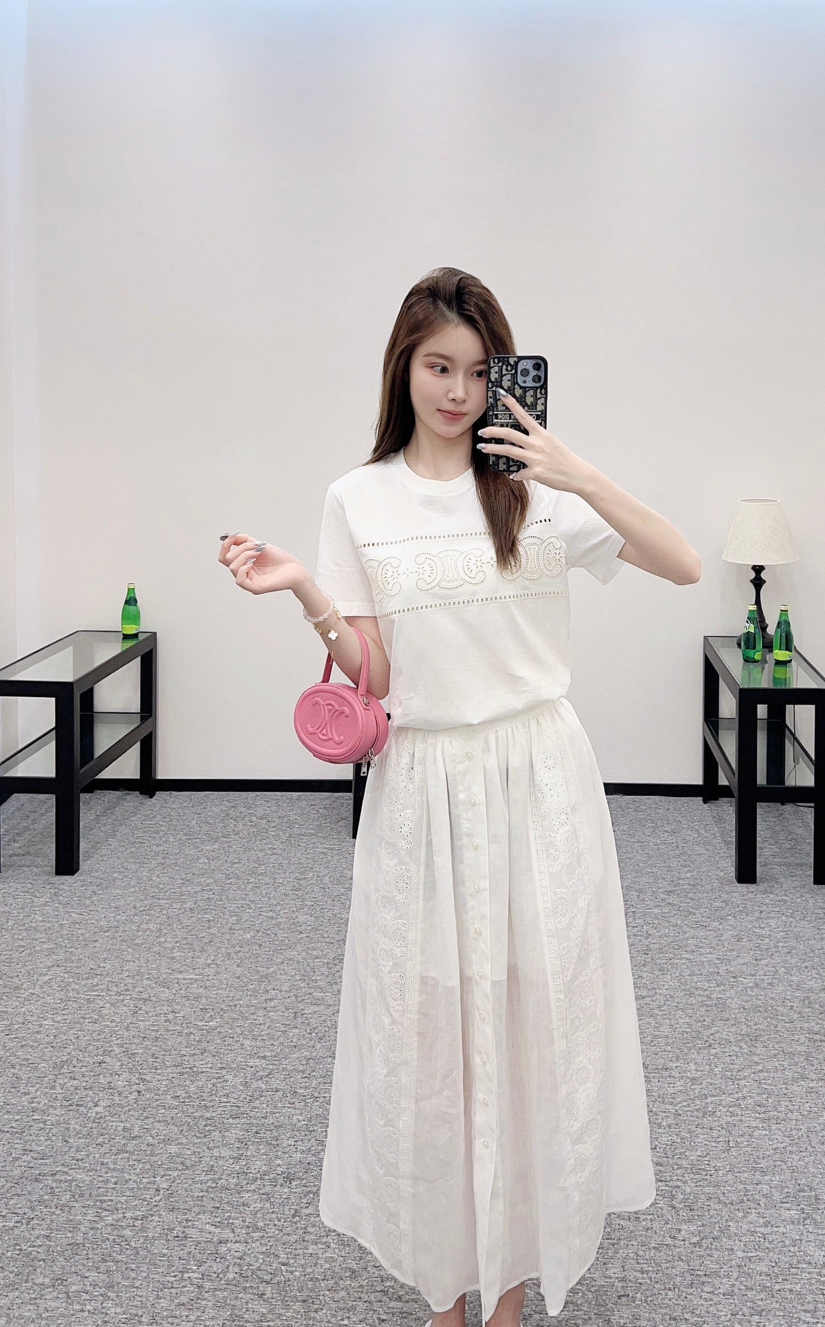 2025 Early Autumn New Embroidered Hollow T-shirt with Midi Skirt