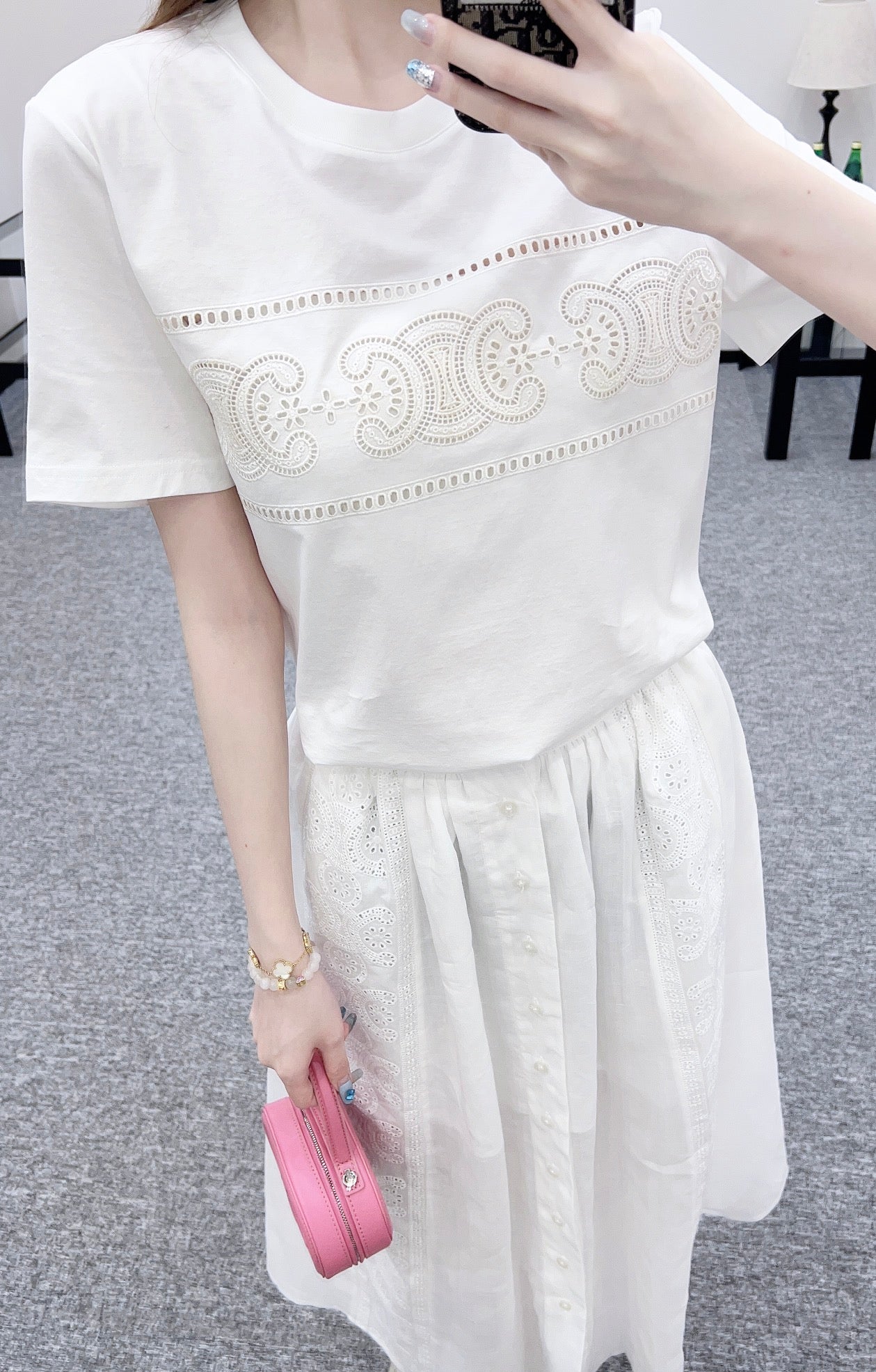 2025 Early Autumn New Embroidered Hollow T-shirt with Midi Skirt