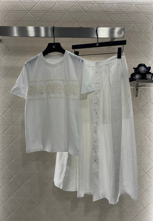 2025 Early Autumn New Embroidered Hollow T-shirt with Midi Skirt